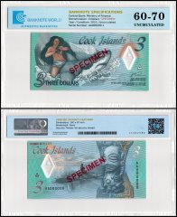 Cook Islands 3 Dollars Banknote, 2021 ND, P-11s, UNC, Specimen, Polymer, TAP 60-70 Authenticated