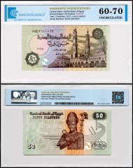 Egypt 50 Piastres Banknote, 2017, P-70a.8, UNC, Prefix 322, Radar Serial #322/G 3655563, TAP 60-70 Authenticated