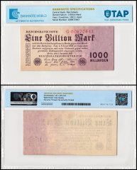 Germany 1 Billion Mark Banknote, 1923, P-129, Used, TAP Authenticated