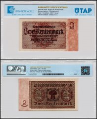 Germany 2 Rentenmark Banknote, 1937, P-174, Used, TAP Authenticated