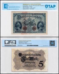 Germany 5 Mark Banknote, 1914, P-47, Used, TAP Authenticated