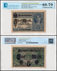 Germany 5 Mark Banknote, 1917, P-56b, UNC, TAP 60-70 Authenticated