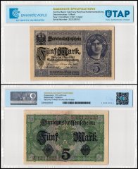 Germany 5 Mark Banknote, 1917, P-56, Used, TAP Authenticated
