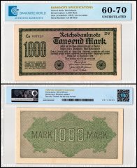 Germany 1,000 Mark Banknote, 1922, P-76d.1, UNC, TAP 60-70 Authenticated