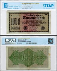 Germany 1,000 Mark Banknote, 1922, P-76h, Used, Series MM, TAP Authenticated