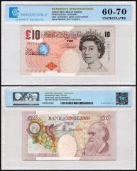 Great Britain 10 Pounds Banknote, 2000, P-389c, UNC, TAP 60-70 Authenticated