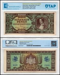 Hungary 100,000 Pengo Banknote, 1945, P-121a, Used, TAP Authenticated
