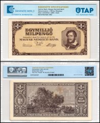 Hungary 1 Million Milpengo Banknote, 1946, P-128, Used, TAP Authenticated