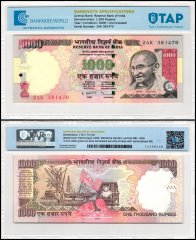 India 1,000 Rupees Banknote, 2008, P-100l, UNC, No Plate Letter, TAP Authenticated