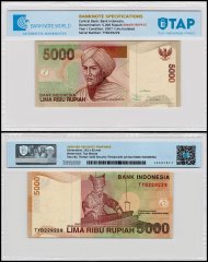 Indonesia 5,000 Rupiah Banknote, 2007, P-142g, UNC, Binary, Repeat Serial #TYB229229, TAP Authenticated