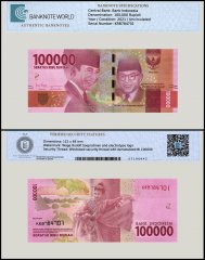Indonesia 100,000 Rupiah Banknote, 2021, P-160f, UNC, TAP Authenticated