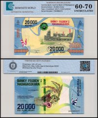 Madagascar 20,000 Ariary Banknote, 2017 ND, P-104, UNC, TAP 60-70 Authenticated