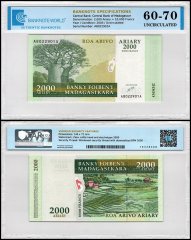 Madagascar 2,000 Ariary = 10,000 Francs Banknote, 2003 ND, P-83, UNC, TAP 60-70 Authenticated