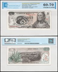 Mexico 5 Pesos Banknote, 1971, P-62b.1, UNC, Series 1V, TAP 60-70 Authenticated