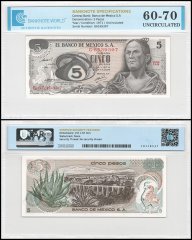 Mexico 5 Pesos Banknote, 1971, P-62b.2, UNC, Series 1AG, TAP 60-70 Authenticated