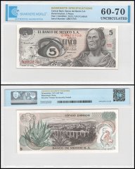 Mexico 5 Pesos Banknote, 1972, P-62c.1, UNC, Series 1AQ, TAP 60-70 Authenticated