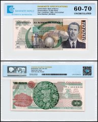 Mexico 10,000 Pesos Banknote, 1989, P-90c.5, UNC, Series PL, TAP 60-70 Authenticated