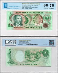 Philippines 5 Piso Banknote, 1978 ND, P-160c, UNC, TAP 60-70 Authenticated