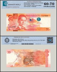 Philippines 20 Piso Banknote, 2014 A, P-206a, UNC, TAP 60-70 Authenticated