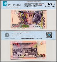 St. Thomas & Prince 5,000 Dobras Banknote, 2013, P-65d, UNC, Radar Serial #AA1084801, TAP 60-70 Authenticated