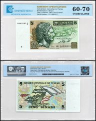 Tunisia 5 Dinars Banknote, 1993, P-86, UNC, TAP 60-70 Authenticated