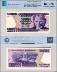 Turkey 500,000 Lira Banknote, L.1970 (1998 ND), P-212a.1, UNC, Prefix H, TAP 60-70 Authenticated