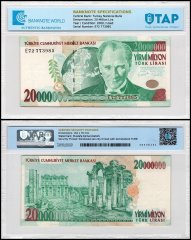 Turkey 20 Million Lira Banknote, L.1970 (2000), P-215a.2, Used, Prefix E, TAP Authenticated