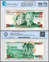 Turkey 20 Million Lira Banknote, L.1970 (2000), P-215a.2, UNC, Prefix K, TAP 60-70 Authenticated