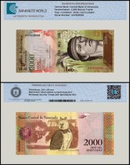 Venezuela 2,000 Bolivar Fuerte Banknote, 2016, P-96a, UNC, TAP Authenticated