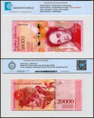 Venezuela 20,000 Bolivar Fuerte Banknote, 2016, P-99az, UNC, Replacement, TAP Authenticated