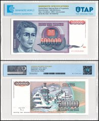 Yugoslavia 500,000 Dinara Banknote, 1993, P-119, UNC, TAP Authenticated