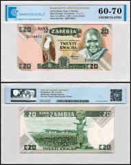 Zambia 20 Kwacha Banknote, 1980-1988 ND, P-27e, UNC, Radar Serial #, TAP 60-70 Authenticated