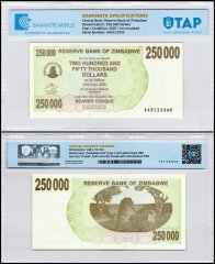 Zimbabwe 250,000 Dollars Bearer Cheque, 2007, P-50, UNC, TAP Authenticated