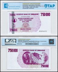 Zimbabwe 750,000 Dollars Bearer Cheque, 2007, P-52, UNC, Radar Serial #AE2516152, TAP Authenticated