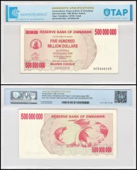 Zimbabwe 500 Million Dollars Bearer Cheque, 2008, P-60, Used, TAP Authenticated