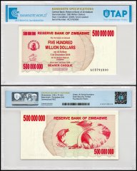 Zimbabwe 500 Million Dollars Bearer Cheque, 2008, P-60, UNC, TAP Authenticated