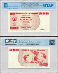 Zimbabwe 500 Million Dollars Bearer Cheque, 2008, P-60z, UNC, Replacement, TAP Authenticated