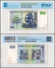 Zimbabwe 100 Dollars Banknote, 2007, P-69, Used, TAP Authenticated