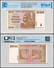 Zimbabwe 20,000 Dollars Banknote, 2008, P-73, Used, TAP Authenticated