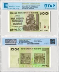 Zimbabwe 500,000 Dollars Banknote, 2008, P-76a, UNC, TAP Authenticated