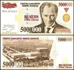 Turkey 5 Million Lira Banknote, L.1970 (1997), P-210b.2, UNC, Prefix M