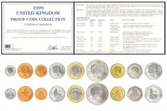 United Kingdom Collection - Royal Mint 1 Penny - 5 Pounds 9 Pieces Proof Coin Set, 1999, KM #986a-997, Mint, Red Deluxe Album w/ COA