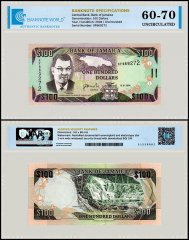 Jamaica 100 Dollars Banknote, 2004, P-80d, UNC, TAP 60-70 Authenticated