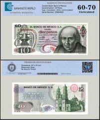 Mexico 10 Pesos Banknote, 1974, P-63g, UNC, Series 1CZ, TAP 60-70 Authenticated