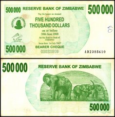 Zimbabwe 500,000 Dollars Bearer Cheque, 2007, P-51, Damaged