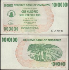 Zimbabwe 100 Million Dollars Bearer Cheque, 2008, P-58, Used