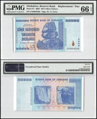 Zimbabwe 100 Trillion Dollars, 2008, P-91, Replacement/Star, PMG 66