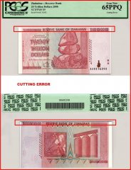 Zimbabwe 20 Trillion Dollars Banknote, 2008, AA, P-89, Cutting Error, PCGS 65