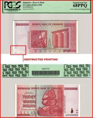 Zimbabwe 20 Trillion Dollars Banknote, 2008, AA, P-89, Printing Error, PCGS 68