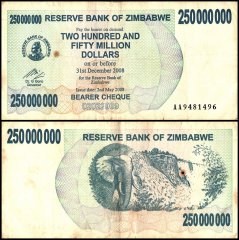 Zimbabwe 250 Million Dollars Bearer Cheque, 2008, P-59, Damaged
